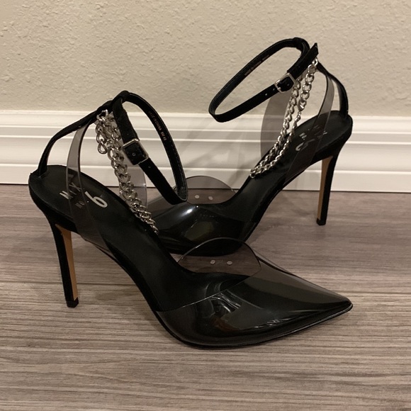 Black PCV Ankle strap with ankle chain heel - Picture 6 of 7